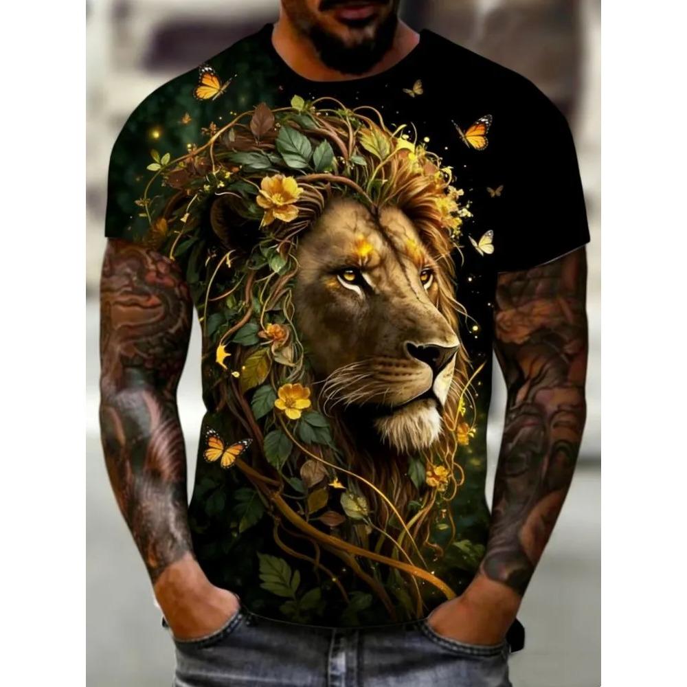 Men's Animal Domineering Lion Print Short Sleeved T-shirt Large Loose Casual Fashionable Comfortable Soft Breathable T-shirt