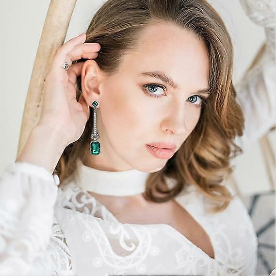 Boucles d'oreilles pendantes carrées en argent sterling plaqué avec pierre verte, Boucles d'oreilles Zirconia Émeraude pour Anniversaire Fête de Noël