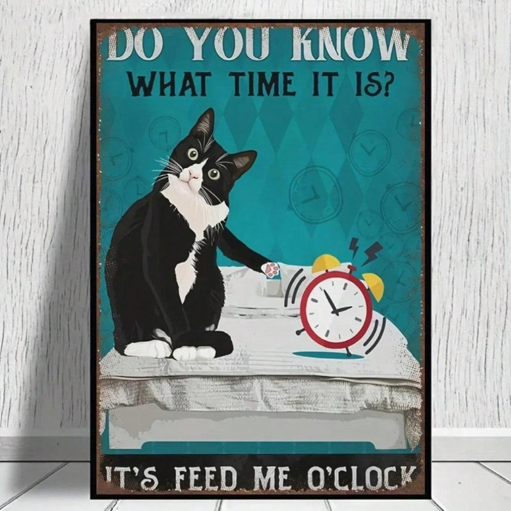 

2D Cat Wall Art Its Feed Me OClock Frameless Canvas Painting Humorous Home Decor for Living Room Bathroom 20x30cm