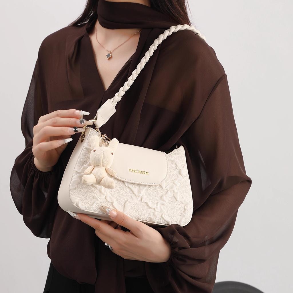 Echte Leder High-End Kleine Tasche, Damen Neu Herbst und Winter Leichter Luxus Stil, Weiße Umhängetasche, Französische Damen Umhängetasche