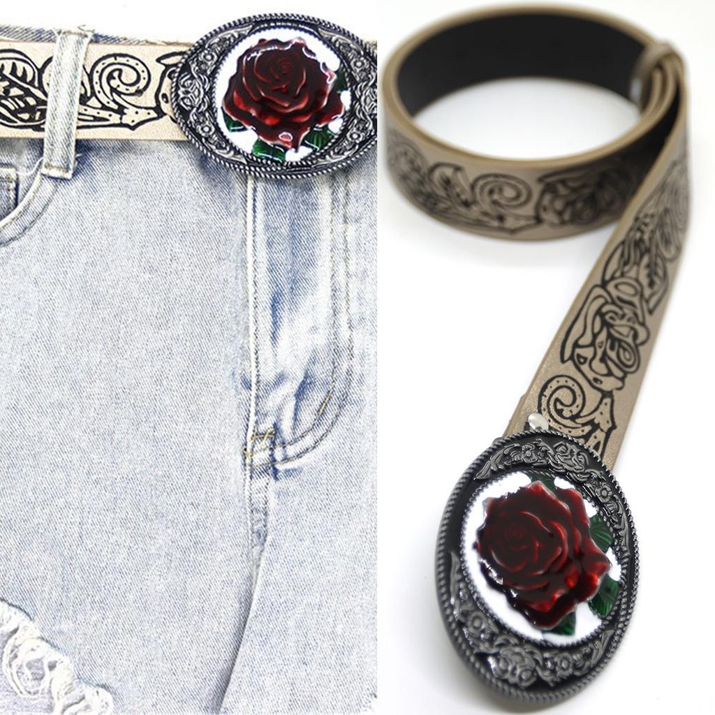 Embossed Pattern PU Belt for Women Subcultures Pin Belt Rose Buckle Waist Belt Elegant Belt for Teens Girl Pants Belt