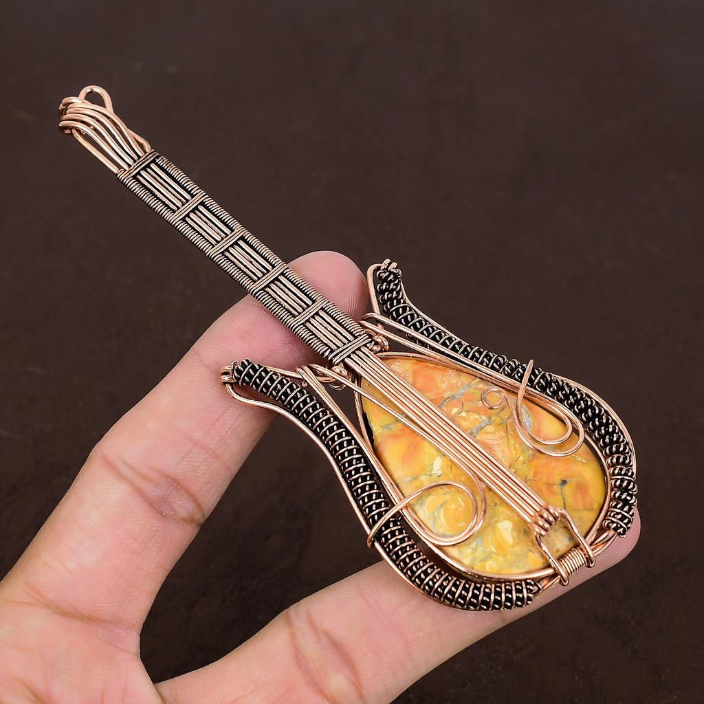 Yellow Mookaite Handmade Copper Wire Wrap Guitar Pendant 4.53" C2d64