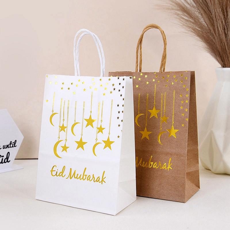 5/10Pcs Eid Mubarak Gift Bags Kraft Paper Candy Dessert Packaging Bag 2025 Ramadan Kareem Islamic Muslim Party Decor Supplies