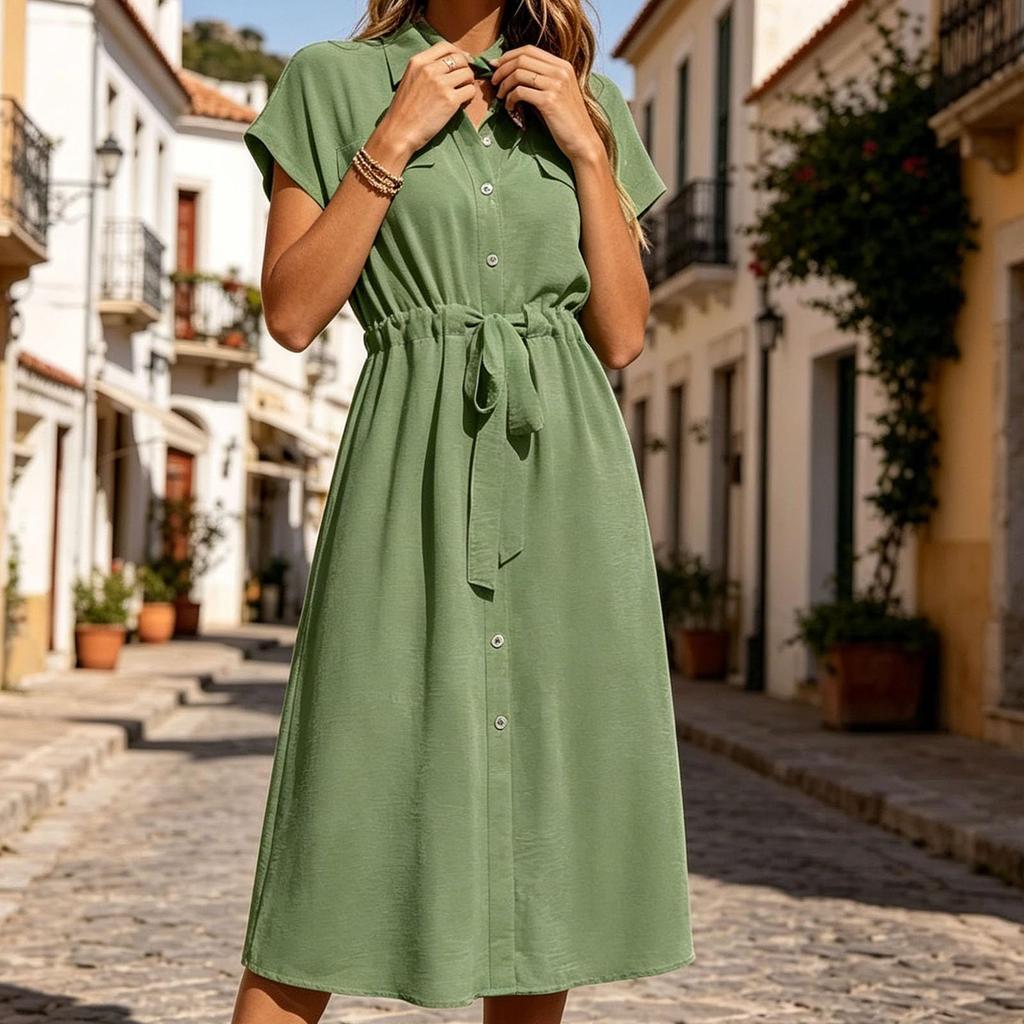 Women's Casual Button Down Shirt Dress with Waist Tie and Short Sleeves Midi Length Relaxed Fit Lightweight Fabric