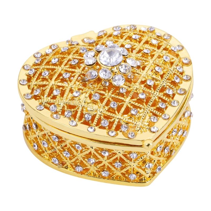 Romance Heart Shaped Metal Jewelry Storage Box Decorated With Diamonds And Pearls