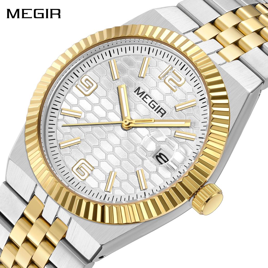 Megir Large Dial Business Leisure Watch Stainless Steel Waterproof Luminous Man Wristwatch Clock Auto Date Gift for Men Reloj Hombre 1101
