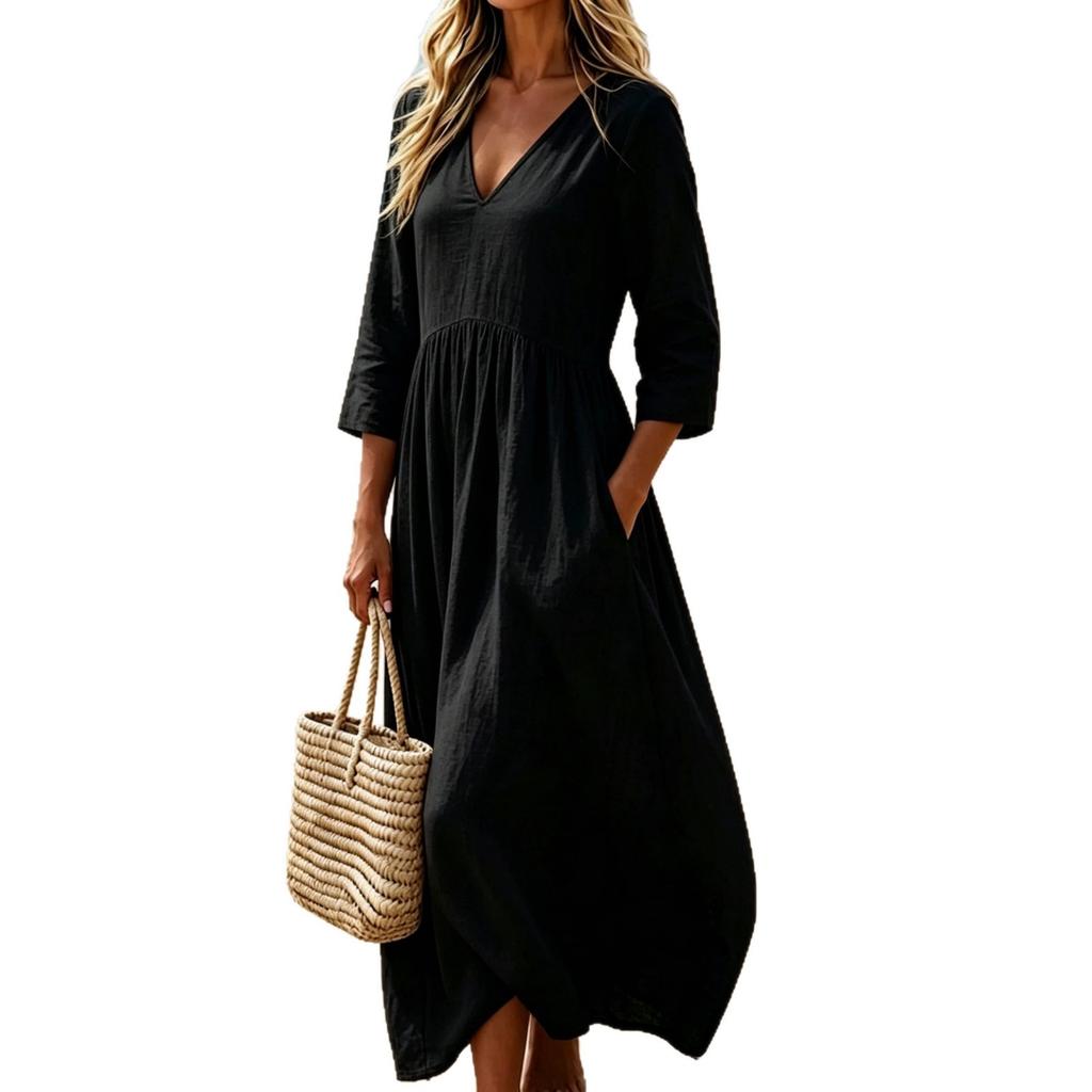 New solid color cotton and linen V-neck seven-quarter sleeve dress women's vacation long dress temperament socialite style