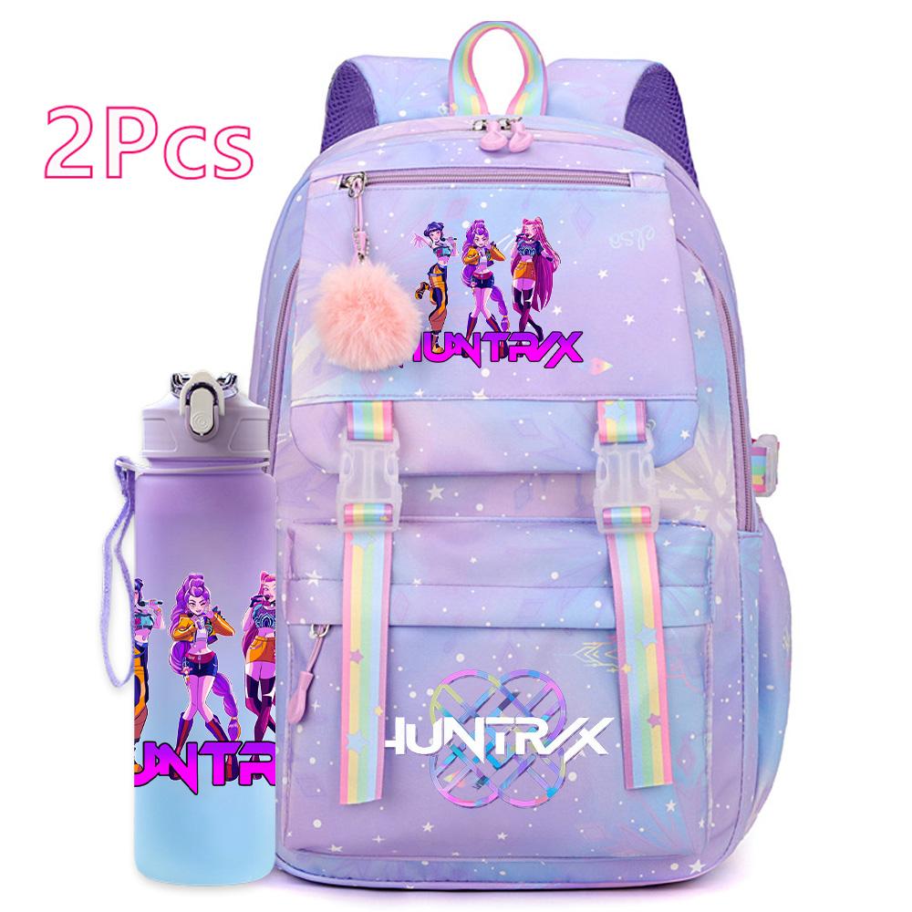 2Pcs/set Cute K-Pop Demon Hunters Printed Backpack with 750Ml Water Bottler for Teenager Student Girl Boy Large Capacity Waterproof Bookbag Travel Bag