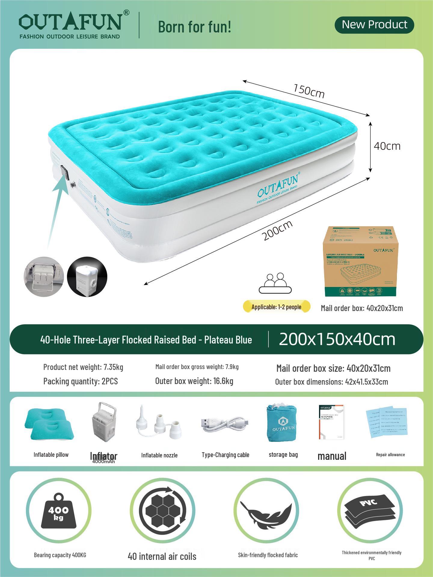 OUTAFUN Elevated Inflatable Camping Mattress - Thickened Outdoor/Indoor Sleeping Mat 200x150x40 cm