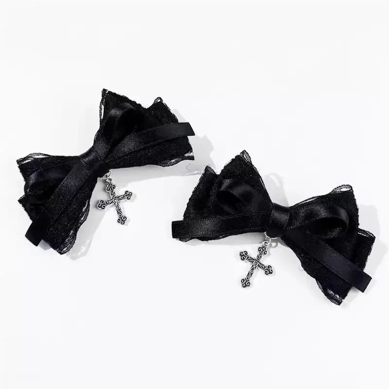 

1/2pcs Dark sweet cool lace cross bow hair clips for women fashionable and personalized Gothic Lolita hair accessories