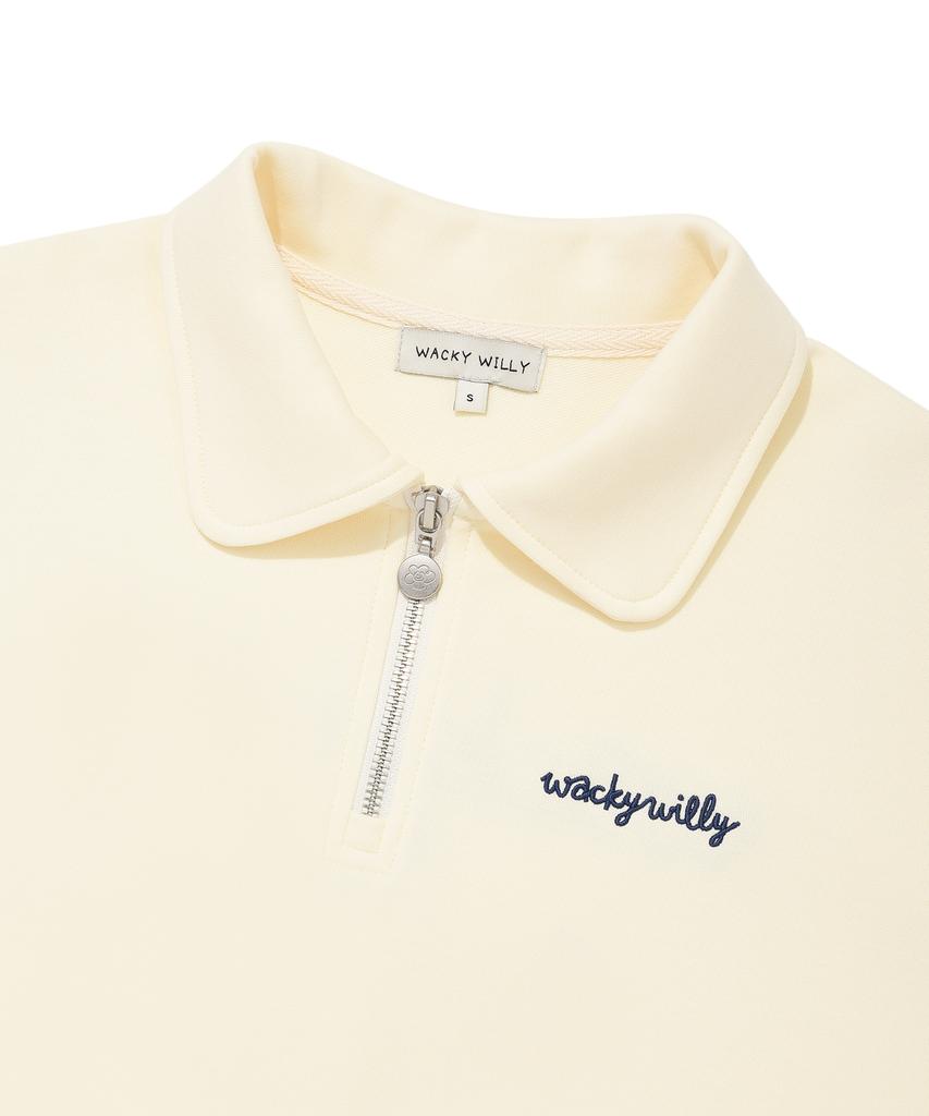 WACKY WILLY Women'S Typo Logo Half-Zip Short Sleeve Cream