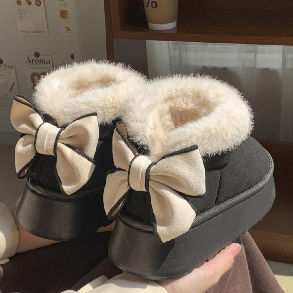 Hairy Mouth Bag and Butterfly Knot Cotton Shoes for Women In Winter, Thick Soled, Height Increasing, Versatile, and Plush Warm Snow Boots