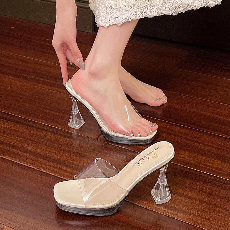 Fashion 2025 New Summer Square Toe High Heels  Clear Heel Sandals Transparent PVC Party Shoes For Ladies