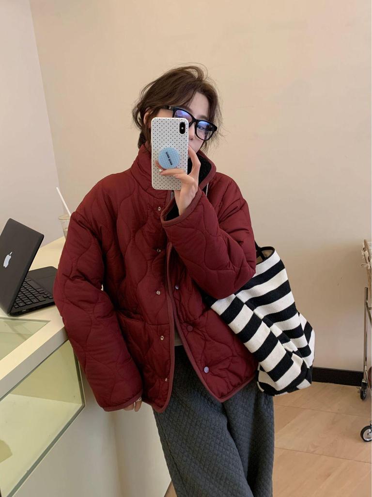 Damen Wendbare Lammwolljacke - Koreanischer Colorblock, Warm, Stehkragen, Winter, Lockere Passform