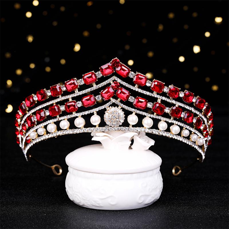 Luxury Gold Red Crystal Rhinestone Tiaras And Crowns Queen Princess Diadem Wedding Hair Accessories For Bride Women Hair Jewelry