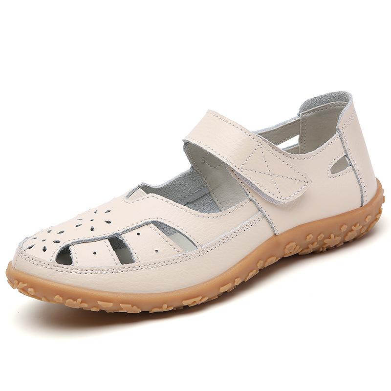 Große Sandalen für Damen Flache Sohle Lochschuhe Rutschfeste Außen-Sandalen Echtes Leder Rindsehne Weiche Sohle Mutterschuhe