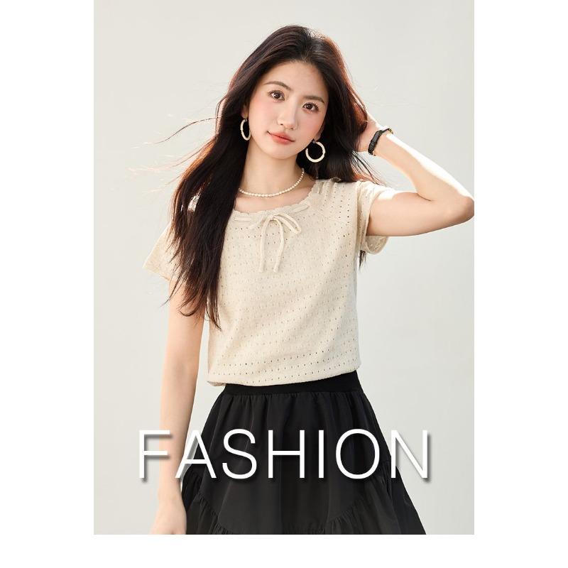 

Womens Casual Hollow Out Short Sleeve Bow Neck Blouse S