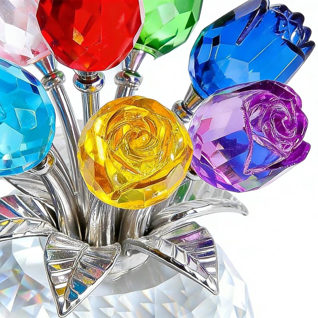 Crystal colored rose ornament with vase Colorful Rose Love Home Decor Crystal Flower Figurines Table Colourful Rose Bouquet Deco