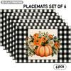 4/6pcs Set, Black and White Checkered Border Placemats with Orange Pumpkin and Floral Patterns, Suitable for Autumn Table Decor, Kitchen Countertop De