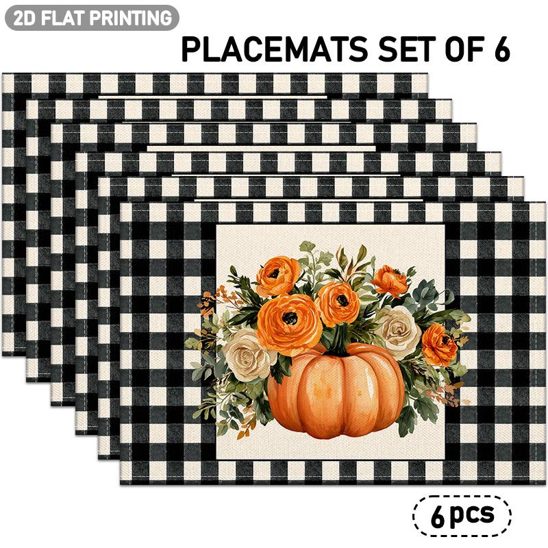 4/6pcs Set, Black and White Checkered Border Placemats with Orange Pumpkin and Floral Patterns, Suitable for Autumn Table Decor, Kitchen Countertop De