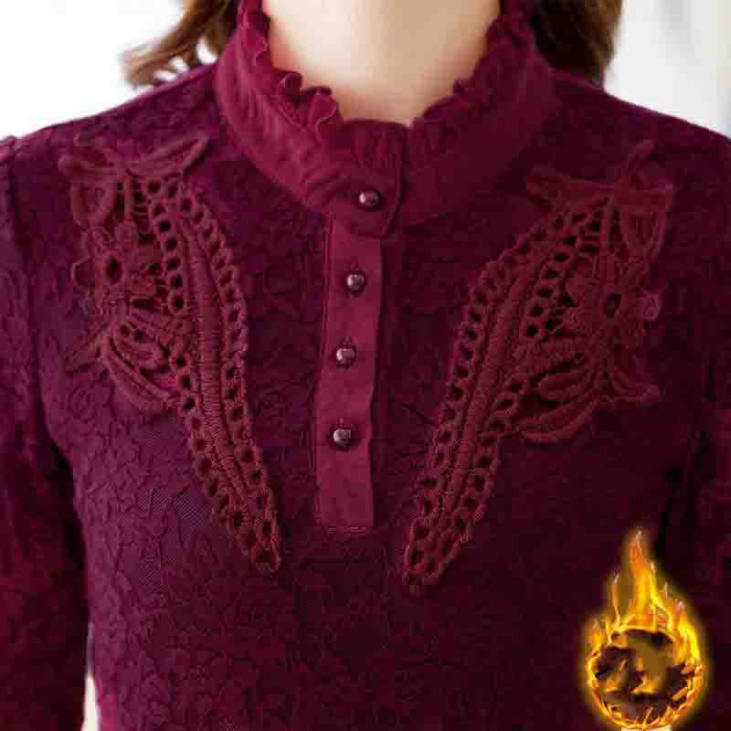 Camisa de encaje de otoño e invierno Camisa superior ajustada Camisa de mujer de talla grande con relleno de terciopelo y calidez