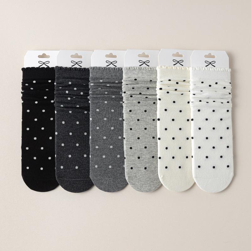 5/10 Pairs Comfortable Casual Polka Dot Socks for Women Mid Calf Socks with Ear Shaped Edges and Polka Dot Lace Breathable Cotton Long Socks