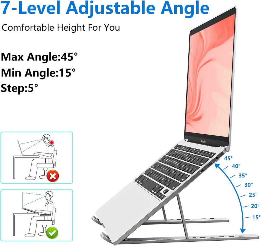 Aluminum Alloy Foldable Laptop Stand, 7 Adjustable Angles, Sand-Blasted Anti-Slip Stable Computer Holder