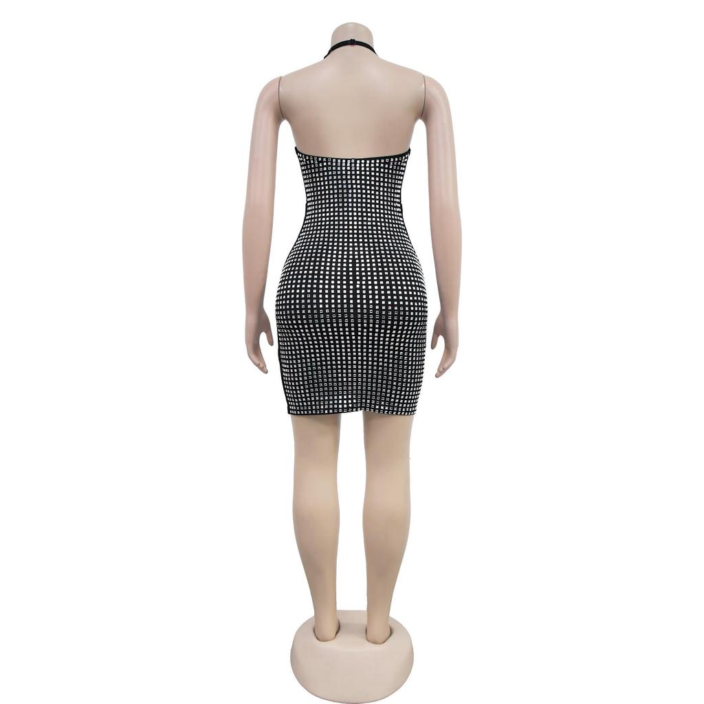 C7179 European & American Fashion Sexy Halter Rhinestone Bodycon Pencil Dress for Women
