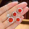 Internet Celebrity Live Broadcast Octagonal Millennial Rose Chinese Red Flower Necklace Pendant Inlaid with High Carbon Diamond Stud Earrings