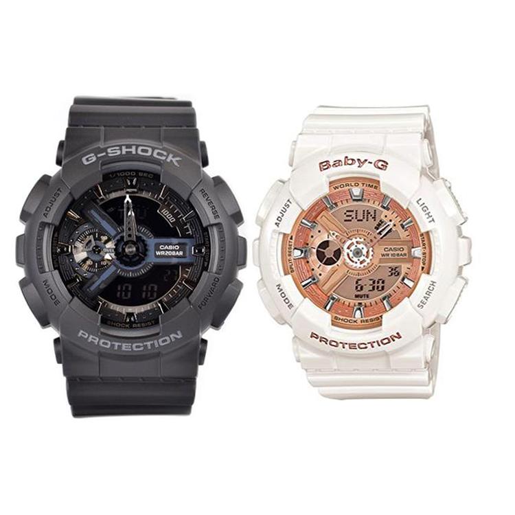 CASIO Unisex Pair Table Series Black Watch GA-110-1B+BA-110-7A1