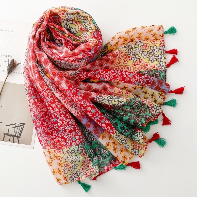 Silk Scarf Fresh Bohemian Exotic Ethnic Style Secret Garden Contrast Color Block Fringe Shawl
