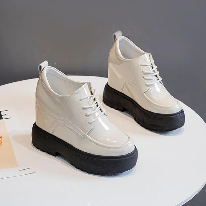 Fashion 11CM High Heels Pu Leather Platform Wedge Sneaker Women Shoes inner heighten Women Pumps Autumn Spring Lace Up Platform Shoes