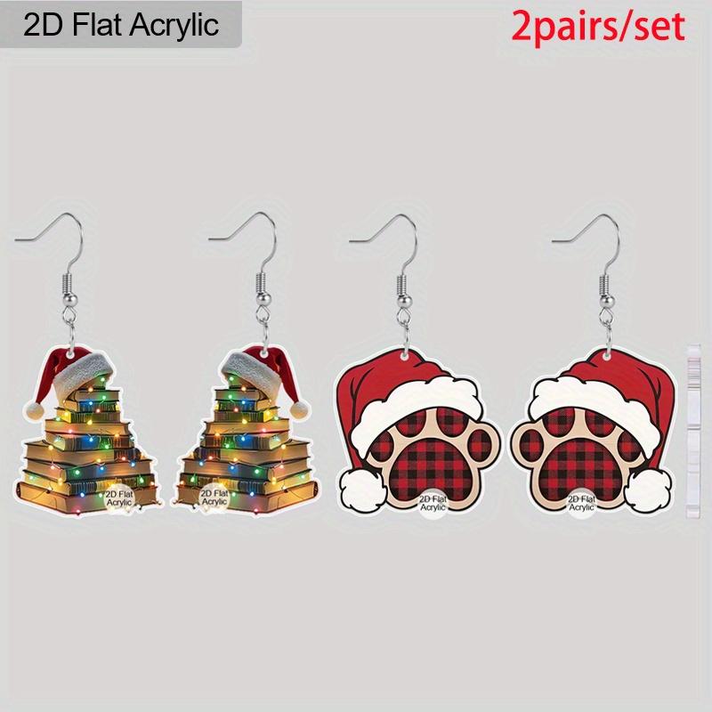 2D Flat 2pairs Y2K Christmas Hat Dog Paw Acrylic Dangle Earrings, Perfect Gift for Women, Christmas Party Jewelry
