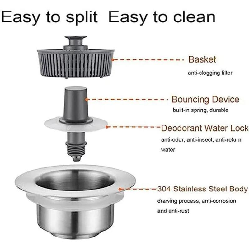 Kitchen Filter Sink 3 In 1 Pop Up ABS Silver Plated Sink Strainer Drain Basket Stopping Blockage Bouncing Core Leak-proof Plug