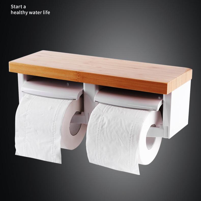 Bamboo Double Toilet Paper Holder - Bathroom Hotel Grade Towel Dispenser, 2-Roll Storage Rack, Eco-Friendly Organizer