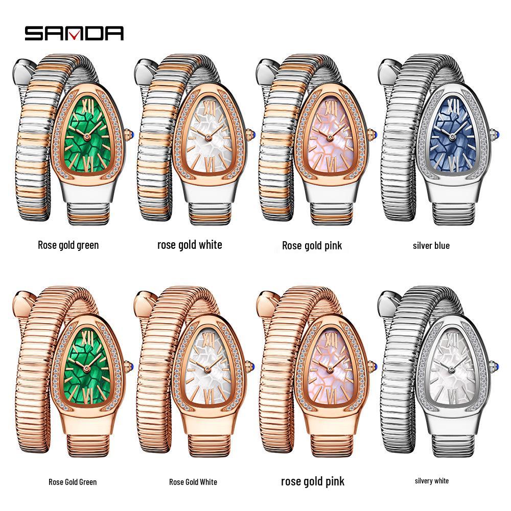 SANDA Women's Luxury Snake Head Bracelet Watch with Roman Mother-of-Pearl Dial, Diamond Accents, English Two-Hand, 30M Water Resistant.