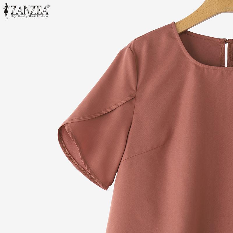 ZANZEA Women Casual Round Neck Summer Short Sleeve Plain Blouse