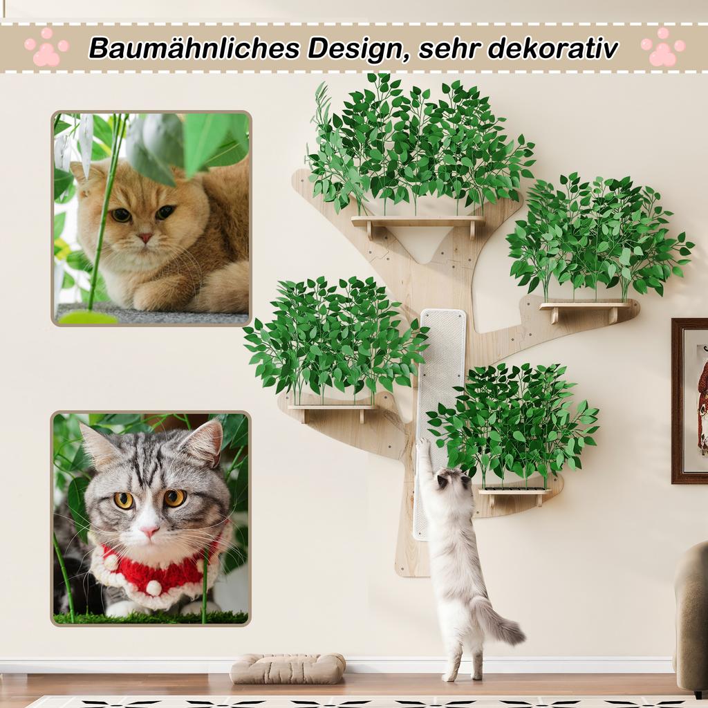 Wall-Mounted Scratching Tree In Tree Shape Made of Solid Pine Wood, with Scratching Surface & Platforms, Decorative & Stable, 155×210 Cm