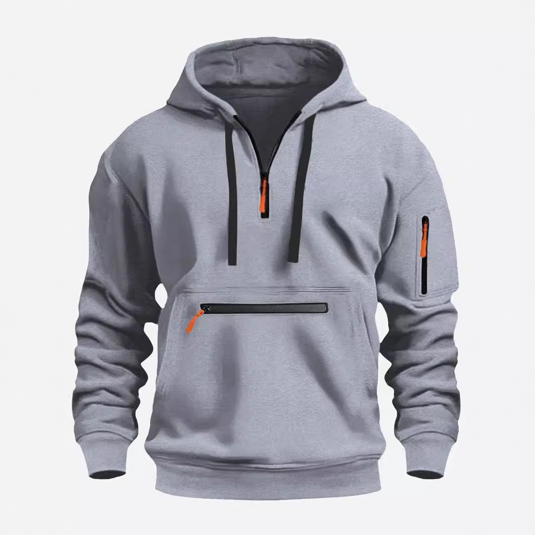

Cross-Border European Autumn/Winter Men s Multi-Pocket Zipper Pullover Sport Casual Hoodie XXXL светло-серый