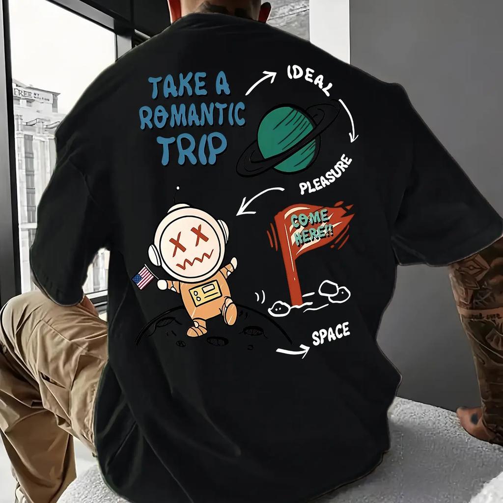 2025 Summer Men's fashion 100% cotton short sleeve T-shirt Romantic space theme printed casual loose T-shirt
