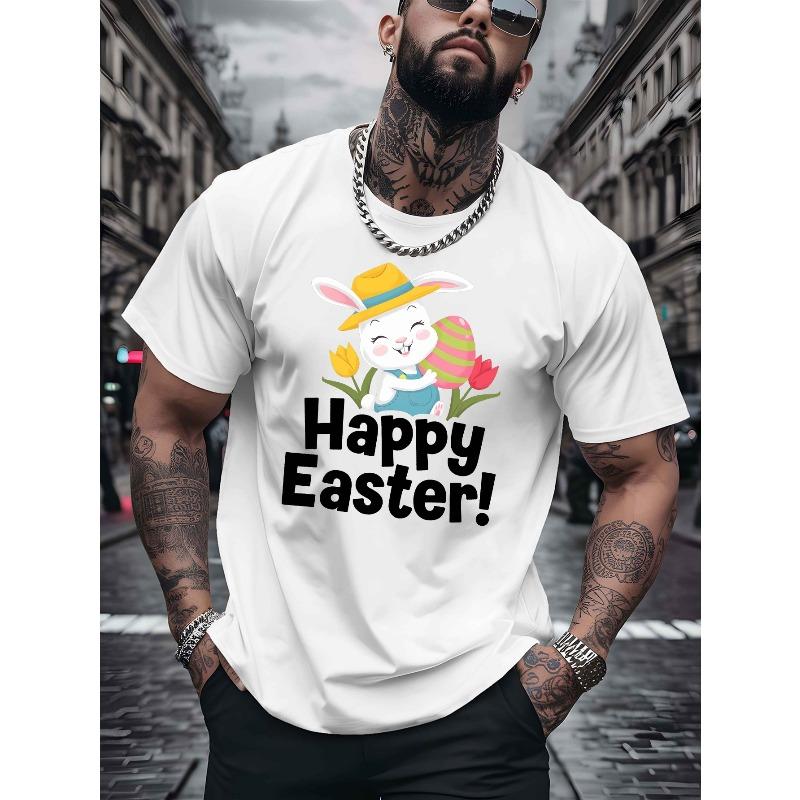 European Size Men's Easter Bunny & Egg Print Short Sleeve T-Shirt - Lightweight Breathable Round Neck Summer Top with Rabbit & Egg Pattern