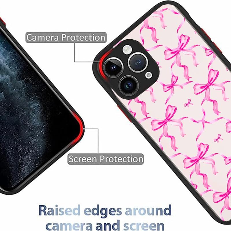 Compatible for iPhone 12 Case, Aesthetic Pink Ribbons and Bows in Watercolor Print Art Thin Soft Black TPU +Tempered Mirror Protective Case