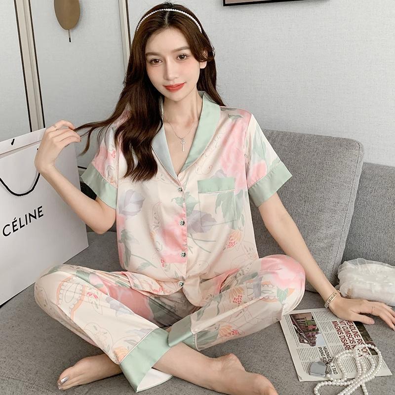 High-Value Long-Sleeved Pajamas For Women'S Spring And Summer New Small Fresh Lotus Flower Silky Loungewear Set, Real Shot