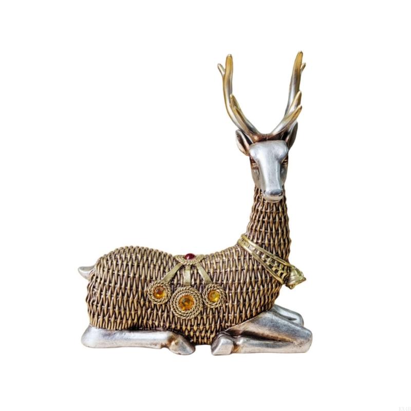 KX4B Deer Statue Standing and Sittings Resins Sculpture Reindeers Figurine Ornaments Accent for Entrance sitting position