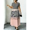 Plus Size Tropical Floral Leopard Print Maxi Dress Summer Casual Round Neck Short Sleeve Loose Long Sundress With Pocket