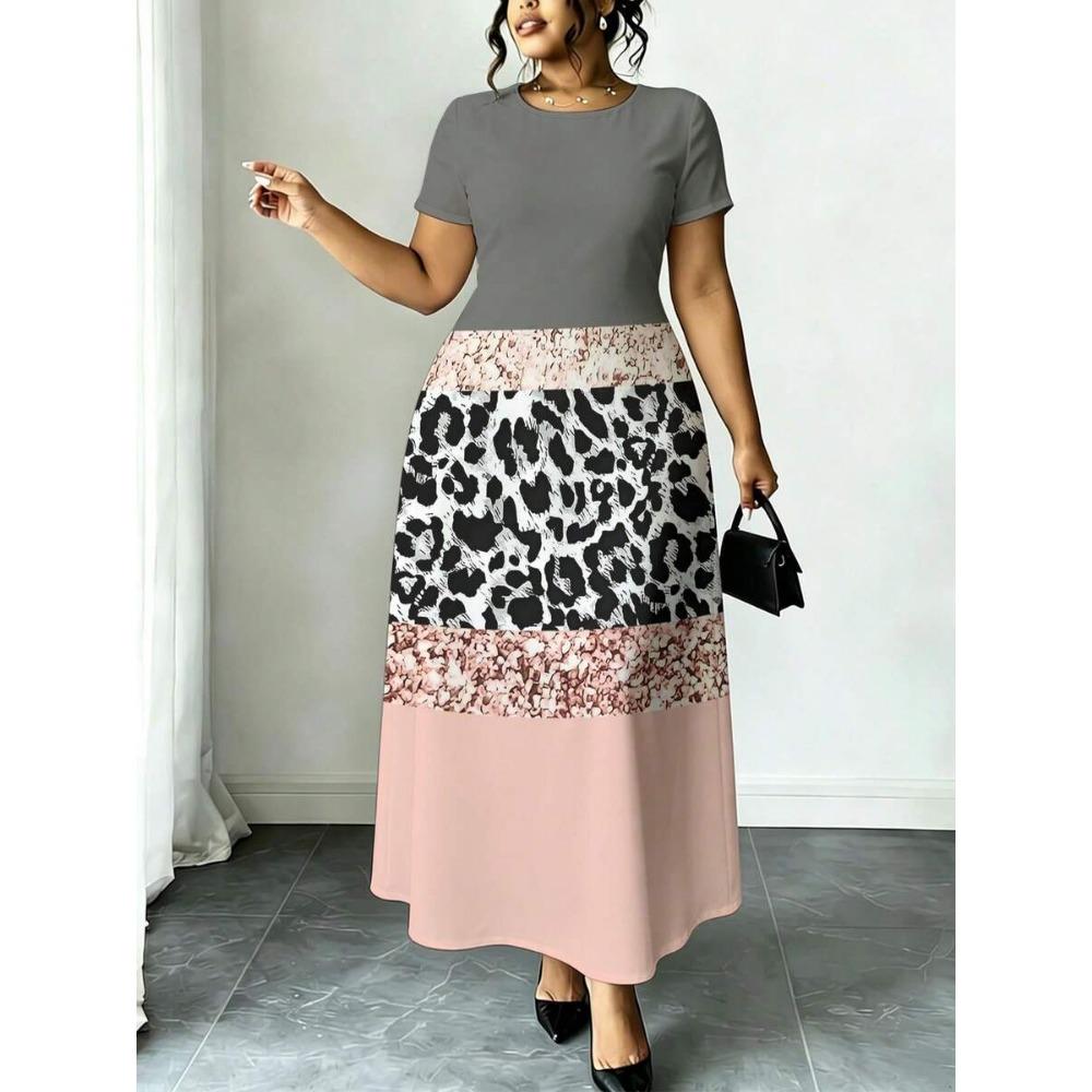 Plus Size Tropical Floral Leopard Print Maxi Dress Summer Casual Round Neck Short Sleeve Loose Long Sundress With Pocket