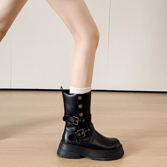 Retro Round Head Versatile Thick Heel Martin Boots 2025 New British Style Belt Buckle Maillard Medium Boots Women