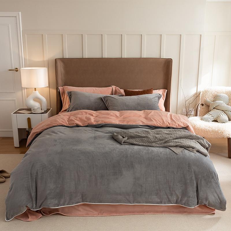 Light Luxury High-End Thickened Milk Fleece Four-Piece Set, Warm Coral Fleece Quilt Cover, Anti-Static Bed Sheet Three-Piece Set