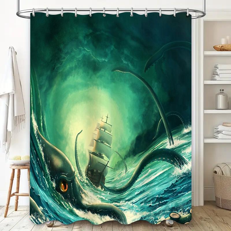 Ocean Kraken Tentacles Sea Monster Shower Curtain Gothic Horror Bathroom Decor Nautical Halloween Backdrop Vintage Artistic Home