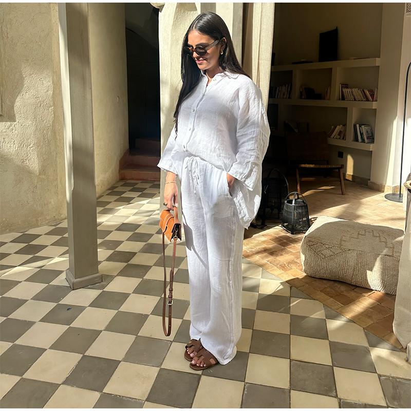 Women's Suit Solid Color Cotton Linen Two Piece Set Spring Summer Fashion Button Shirt + Pants Sets Casual Loose Style 2 Piece Outfit